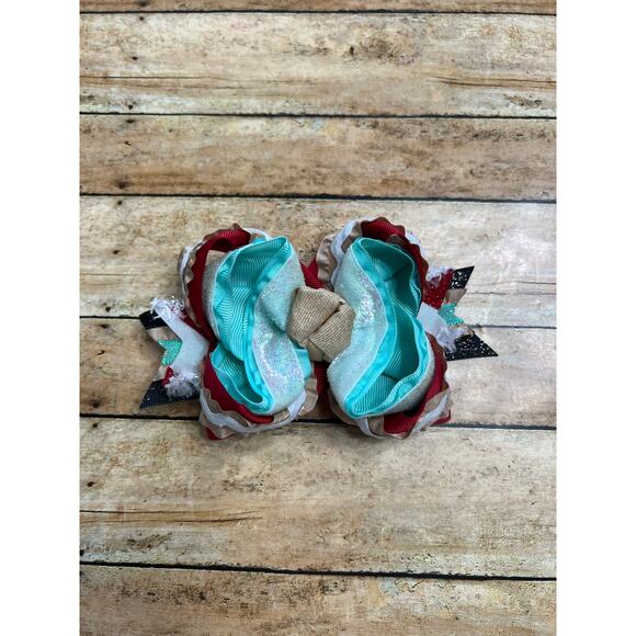 Lilly Reese Bowtique 4" Red Blue Glitter Ribbon Christmas Bow - Picture 1 of 2